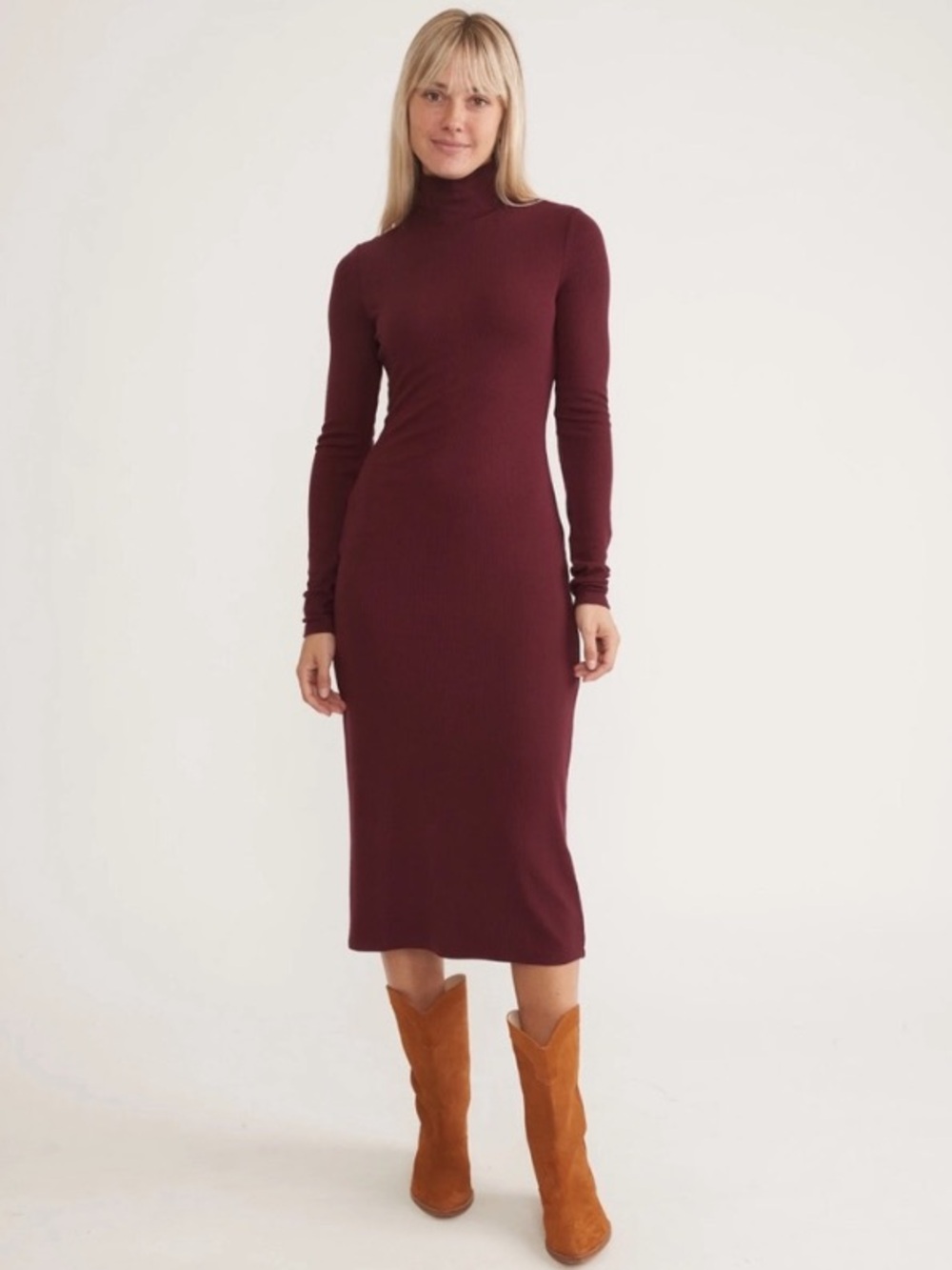 MARINE LAYER MERLOT RED LEXI RIB TURTLENECK MIDI DRESS size medium rhododendron